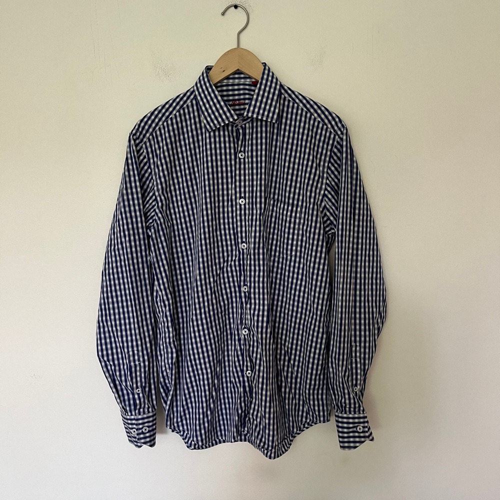 Brioni Mens Blue White Gingham Check Cotton Button Down Shirt Made in Italy L